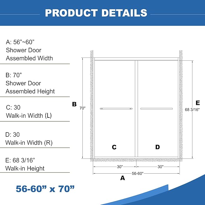 KEIKI Double Sliding Shower Door 56"-60" W x 70" H, 5/16 inch Tempered Glass Door for Walk-in Shower,Bypasss Bathroom Shower Enclosure, with Towel Bar & Mute Sliding Rollers,Matte Black Finished