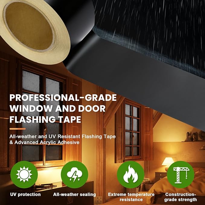 Flashing Tape, 6" x 75', Industrial Strength for Windows, Doors, Weather-Resistant, UV-Resistant, Tear-Resistant, Advanced Acrylic Adhesive, Black