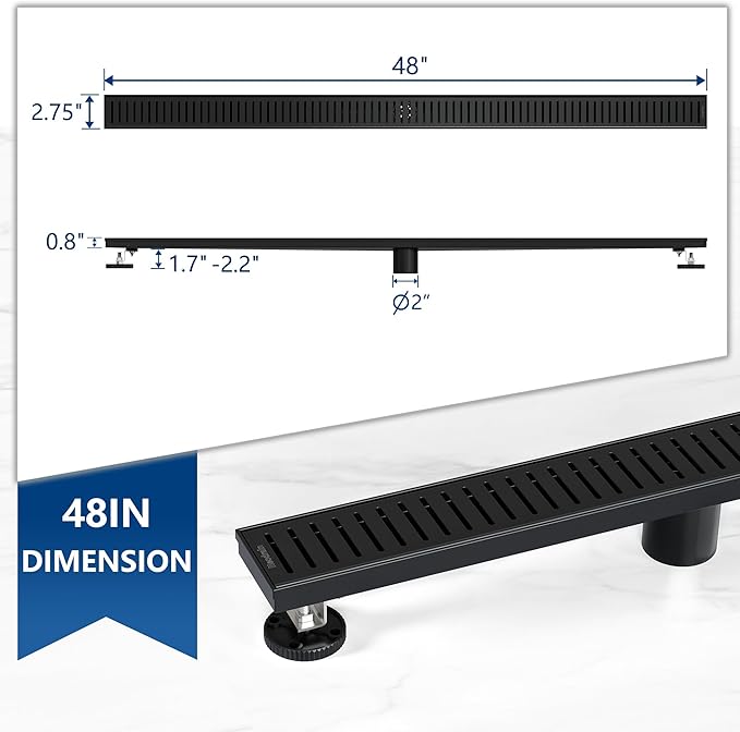 Neodrain 48" Matte Black Bathroom Linear Shower Drain with Removable Capsule Pattern Grate, 304 Stainless Steel Shower Floor Linear Drain- CUPC Certified with Hair Strainer
