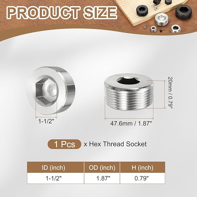 Pipe Plug Stainless Steel Internal Hex Thread Socket Pipe Plug Fitting - Fitting for (Sealing Port - Air Tanks - Water Outlets) 1-1/2 Inch NPT Male