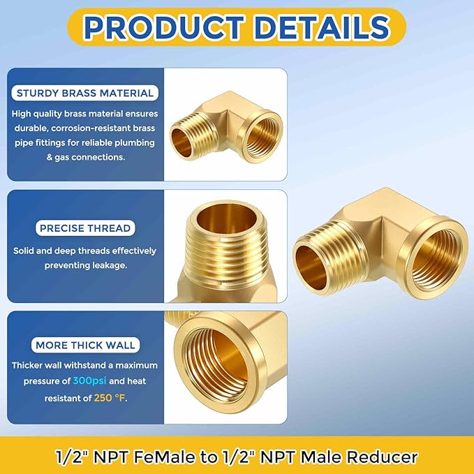 2 Pack 90 Degree Brass Pipe Fittings, 1/2" NPT FeMale to 1/2" NPT Male Barstock Street Elbow, Forged Pipe Fitting Connector for Air, Oil, LP