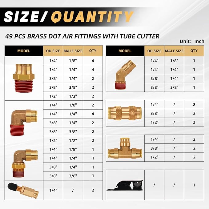 49 Pcs Brass DOT Air Line Fittings Assortment 1/8" 1/4" 3/8" 1/2" Air Line Quick Connect Push to Connect Air Hose Fittings Repair Kit for DOT Air Line Peumatic Tubing