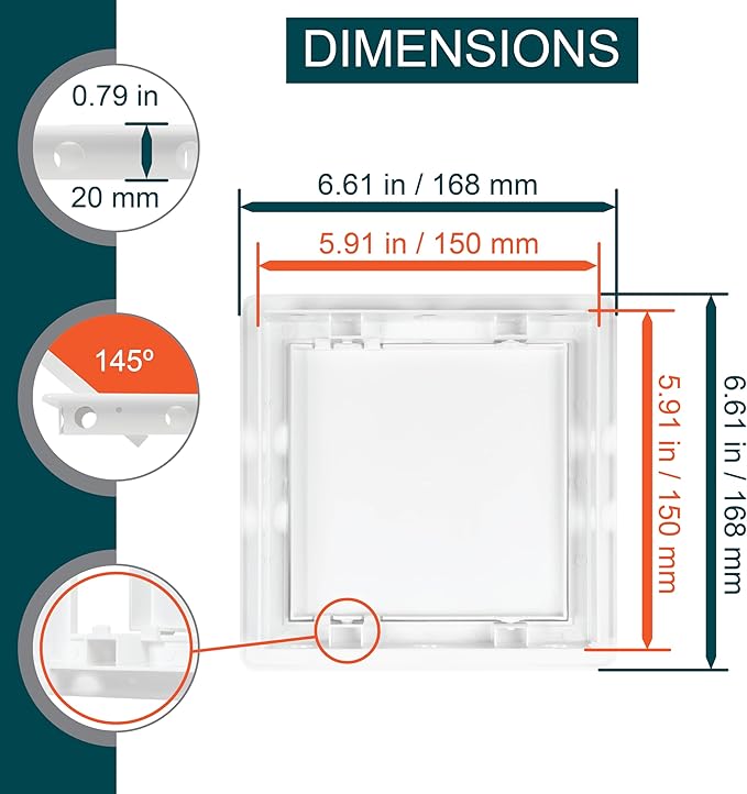 6" x 6" White Plastic Access Panel. Service Shaft Door Panel. Plumbing, Electricity, Heating, Alarm Wall Access Panel for Drywall. Bathroom Services Access Hole Cover. (6" x 6")