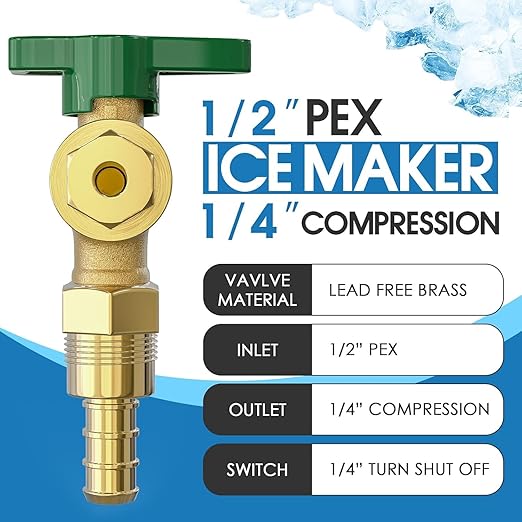 Ice Maker Outlet Box with Water Hammer Arrestor, 1/2-Inch Press x 1/4-Inch OD Compression with 1/4-Turn Ball Valve, Ice Maker Valve Wall Box with Faucet, Absorb Shock and Reduce Noise
