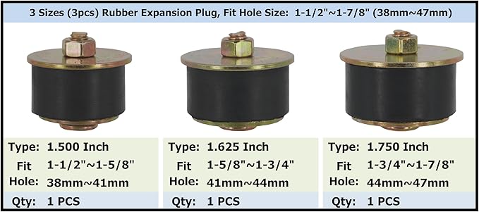 3 Sizes (3pcs) Rubber Expansion Plug, Fit Hole Size: 1-1/2"~1-7/8" (38mm~47mm) Automotive Rubber Freeze Plug