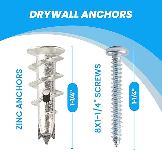 Zinc Metal Drywall Anchors and Screws Kit – 60pcs #8 x 1-1/4” Self Drilling Metal Wall Anchors – Heavy Duty Drywall Anchors Hold Up to 75lbs – No Pre-Drill Required