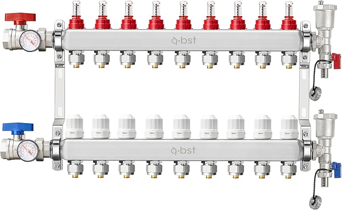ABST PEX Manifold,9 Loop Stainless Steel Floor Radiant Heat Manifold Kit with 1/2" Adapters Included for Hydronic Radiant Floor Heating