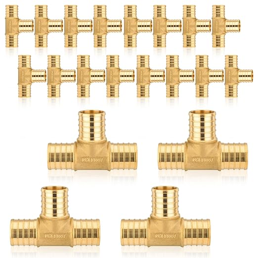 20-Pack HeSun PEX Fittings, 1"x1"x1" Pex Tee, Brass Crimp Fitting for ASTM F1807(PEX1807074-20)