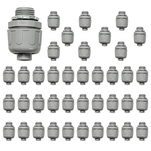 Conduit Connectors, 1/2 Inch Liquid Tight Connector NPT Non-Metallic for PVC Electrical Flexible Conduit Fittings, 180 Degree Straight, UL Listed for Home Outdoor Tubes Tools, Grey (40-Pack)