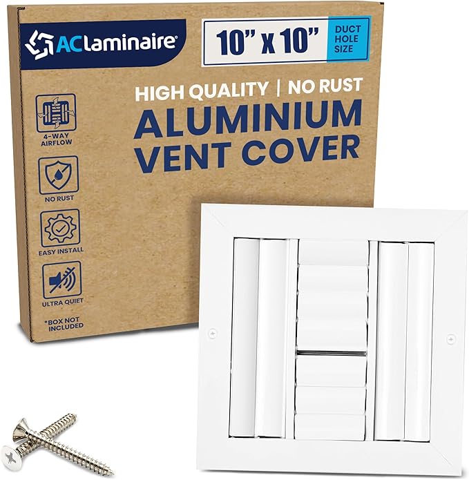 10" x 10" Duct Hole [11.6" x 11.6" Face] Aluminum 4-Way Vent Cover: Adjustable Curved Blade Air Supply Diffuser - Plastic Seal for Tight Fit, Quiet Air Flow, Multi-Shutter Damper