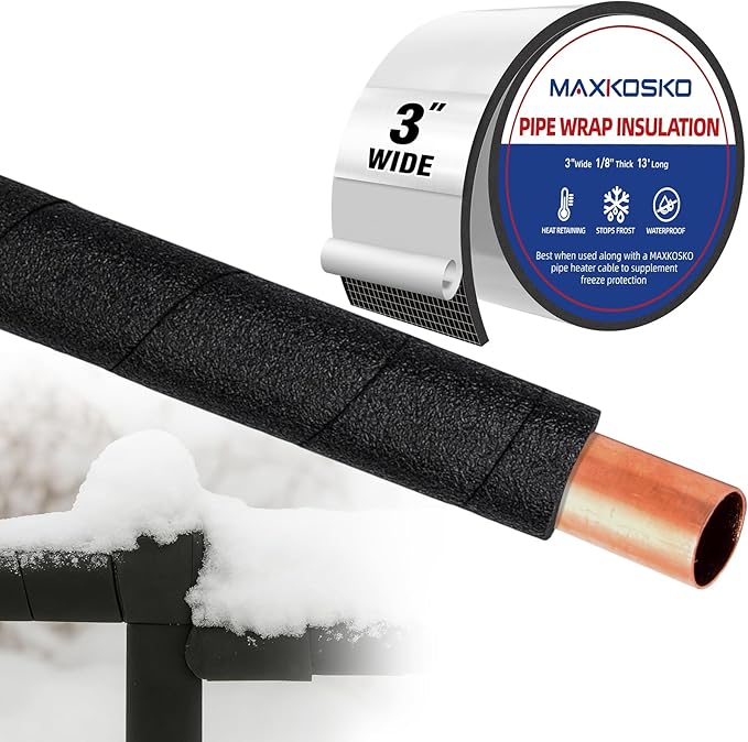 MAXKOSKO Pipe Insulation Tape, 13 Ft x 2 in Outdoor Water Pipe Wrap Insulation Roll, Foam Insulated Wrap Self-Adhesive for Pipe Freeze Protection, Heat Tape for Water Pipes, Copper PVC AC Line