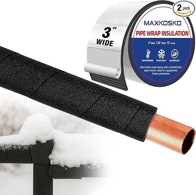 MAXKOSKO Pipe Insulation Tape, 2PCS 13 Ft x 2 in Outdoor Water Pipe Wrap Insulation Roll, Foam Insulated Wrap Self-Adhesive for Pipe Freeze Protection, Heat Tape for Water Pipes, Copper PVC AC Line