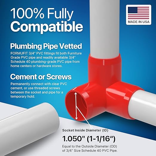 FORMUFIT 3/4” 3-Way Elbow Furniture Grade PVC Fitting in Red, Made in USA, UV-Resistant, Impact-Proof, 1.050” Actual Socket Diameter (Pack of 8)