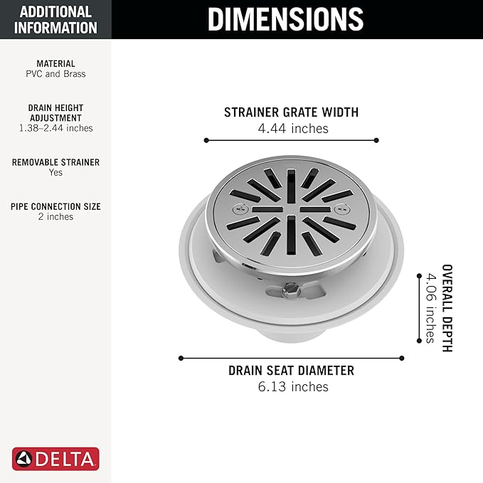 Delta 4 Inch Chrome Tile-In Round Shower Floor Drain with Gasket and Removable Drain Gate, Chrome DT061411