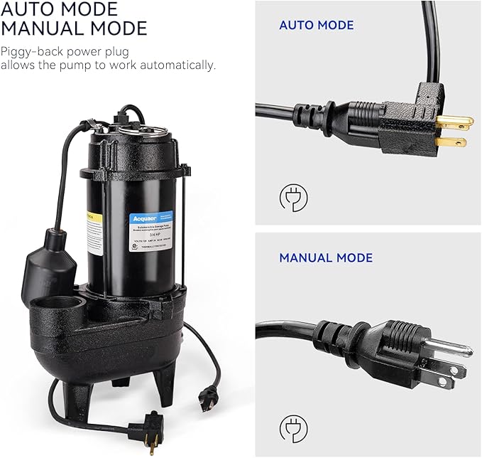 Acquaer 3/4HP Submersible Sewage Effluent Pump, Cast Iron, 115V 6400 GPH Automatic Tethered Float Switch, Sump Pump for Sump Basin, Basement, Residential Sewage, 2'' NPT Discharge