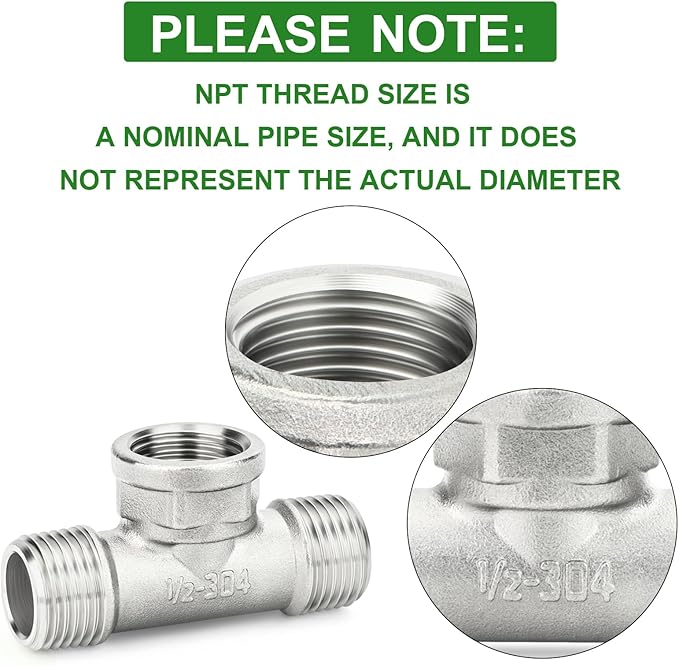 TAISHER 5PCS 304 Stainless Steel Tee Pipe Fittings, 1/2"" NPT Male x 1/2"" NPT Female x 1/2"" NPT Male Pipe Fittings, Female Branch Tee, Silver