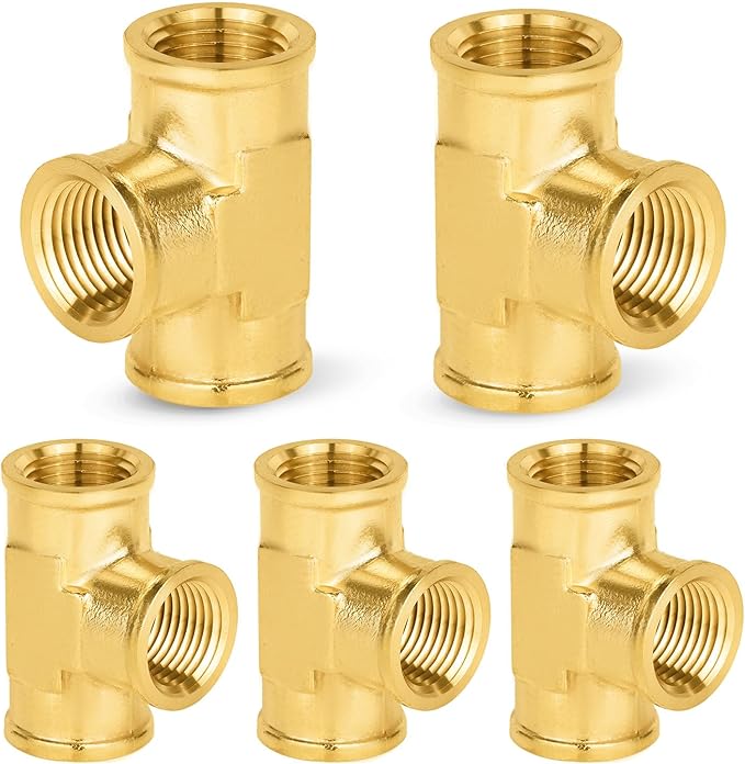 5-PCs HeSun Brass Pipe Fitting, 1/2" x 1/2" x 1/2" NPT Female Thread Tee