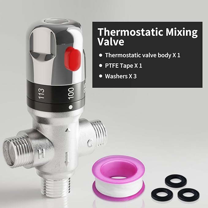 FUGO 1/2 NPT Thermostatic Mixing Valve,Water Mixing Valve with 1/2 NPT Male Connections,Solid Brass,Chrome