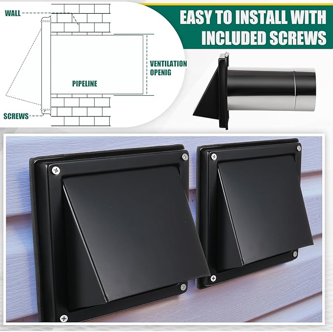 Gisafai 4" Outside Dryer Vent Cover for Exterior Walls Exhaust Vent Cap with Removable Extension Pipe Stainless Steel Hood Cushioned Non Return Flap with Sealing Gasket Grille Screen