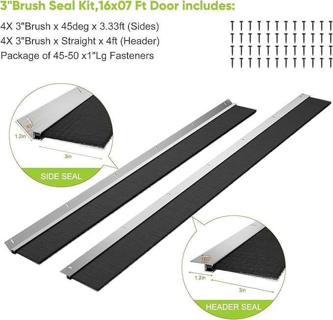 USTAR Garage Door Seal Top and Sides Kit for 16x7 ft Door - Heavy Duty Aluminum Track & 3" Brush Weather Stripping, Commercial Roll Up Door Seal, Blocks Drafts & Dust