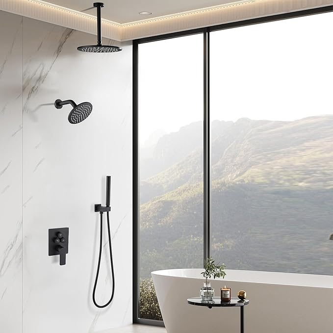 Rain Shower System Matte Black - 3-Function Shower Set, Ceiling & Wall Mount Combo with High-Pressure 2-in-1 Handheld, 30-Minute Easy DIY Install