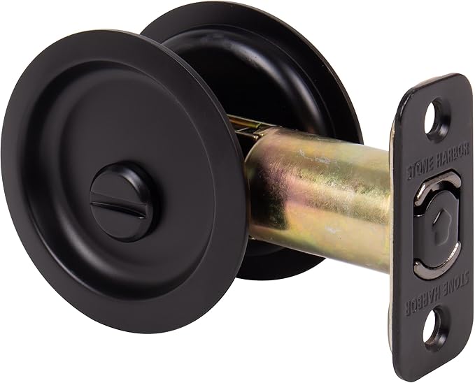 Round Pocket Door Lock, Privacy (Bed/Bath) Latch, 2-3/8" Backset, RCL, Matte Black by Stone Harbor Hardware