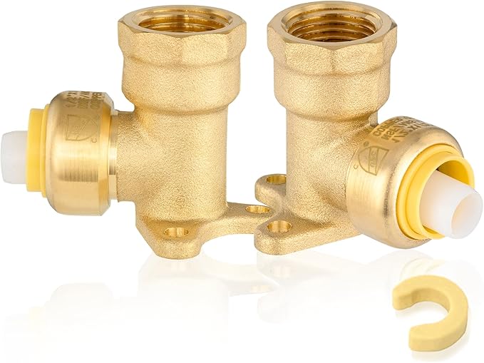 2-Pack HeSun Pushfit Drop-ear Elbow, 1/2" Female NPT x 3/4" Push to Connect Plumbing Fittings with Disconnect Clip, Brass Push-fit Fittings for PEX, Copper, CPVC, PE-RT Pipes(PF074-2)