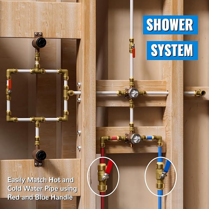 Shut Off Ball Valve 1/2 Inch, SUNGATOR 1/2 Inch Ball Valve, Push-to-Connect Water Shutoff, Easily Match to Pipe using Red and Blue Handle, No Lead Brass Fittings for PEX Pipe, Copper, CPVC, Pack of 12