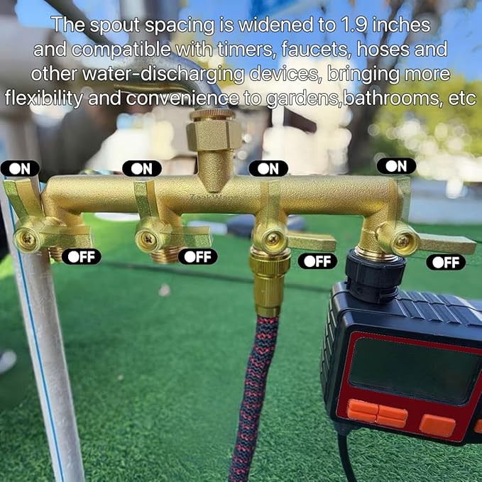 Heavy Duty 4 - Way Garden Hose Splitter, 3/4” Hose Manifold, Outdoor Hose Adapter Connector with 4 Metal Extra Long Handle Metal Faucet Adaptor