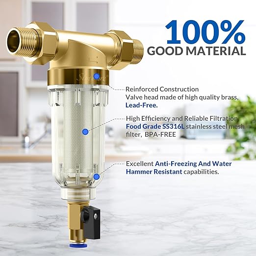 SimPure DC5S 40 Micron Spin Down Sediment Filter, Reusable Whole House Sediment Water Filter Softener with Siliphos Helps Prevent Scale and Corrosion, 1" MNPT + 3/4" FNPT + 3/4"MNPT, BPA Free