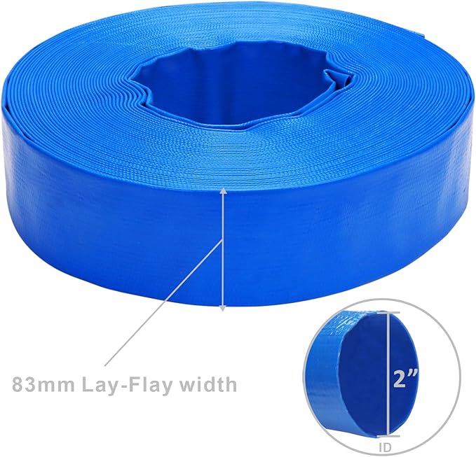 Lay-Flat Pool Backwash Hose - 2" x 100Ft Reinforced Heavy Duty PVC Discharge Hose Weather-Proof Vinyl Pool Drain Hose for Water Transfer with 2 clamps