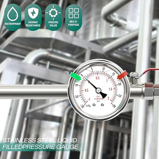 -30inHG-60PSI Stainless Steel Liquid Filled Pressure Gauge, 2.5" Dial Size, 1/8" NPT Back Mount, for Tube, Water Pump, Gas, Liquid, Pressure Test (with Range Mark Pointer)