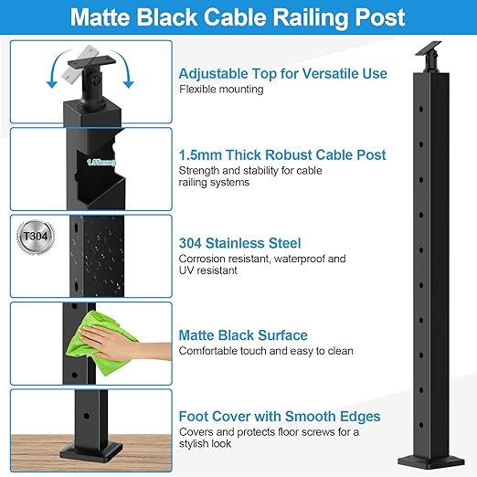 36" Stair Railing Post Kits(Post 35"x2"x2"), Adjustable Top Stair Cable Post System Includes 4Pack Stair Posts, 250FT Wire Rope, Black Swageless Cable Railing System Kit(No Handrail), RG32