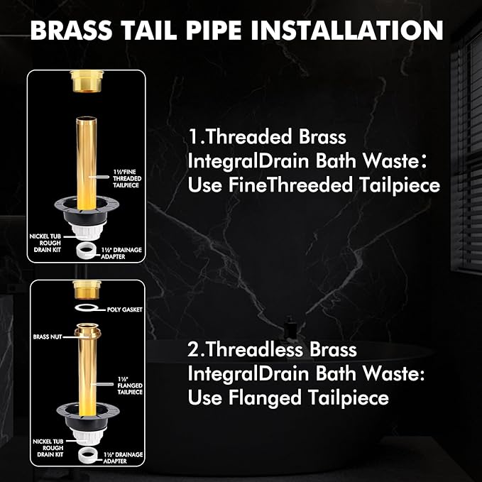 Freestanding Tub Drain Rough-in Kit, Bathtub Drain Kit with PVC Plastic Adapter and Brass Tail Pipes, Compatible for Freestanding Bathtub, Floor Mounted, Copper Bathtub, Black