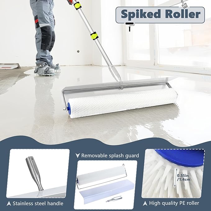 Self-Leveling Cement Tool Kit, Stainless Steel Scraper Self-Leveling Rake, Spike Roller, Floor Construction Roller, Spiked Shoes, Telescopic Pole for Beginners, Professionals