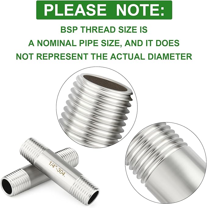 TAISHER 2PCS Stainless Steel Pipe Fittings, 1/4" BSP Male x 1/4" BSP Male Threaded, 2" Length Nipple Cast Pipe