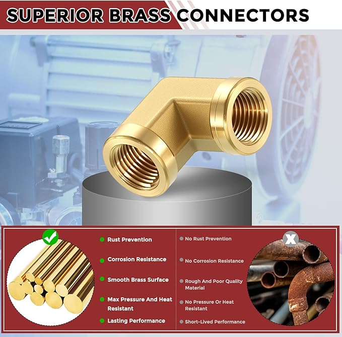 Pack of 2, 90° 1/8" NPT FeMale to 1/8" NPT FeMale Solid Brass Barstock Street Elbow, Forged Pipe Fitting for Pipe Leak Repair, Bathroom Remodeling, Tool Extensions, Compression