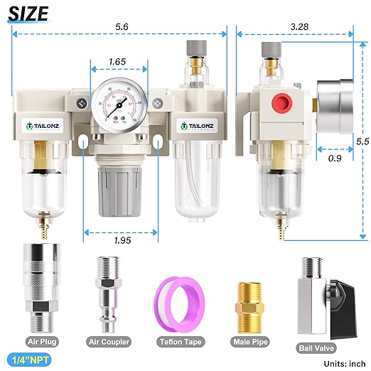 TAILONZ PNEUMATIC 1/4 Inch NPT Manual Drainage 3 in 1 Oil Air Pressure Regulator Filter AC2000-02（0-150PSI） with Lubricator Cup for Air Tools System