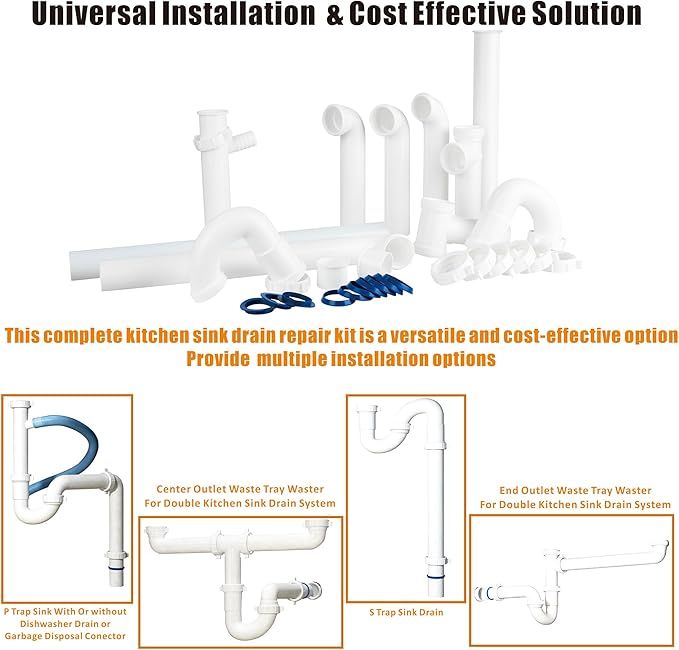 Kitchen Sink Drain Kit,1-1/2”,for Most Kitchen Sink Drain Repair Kit and Bathroom Sink Drain Kit, Kitchen Sink P Trap Drain Kit 1 1/2” for Sink Plumbing Kit, Completed Sink Pipe Replacement Kit