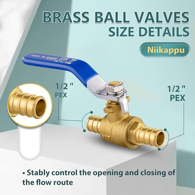 4 Pack Ball Valves, 1/2" Pex Crimp Shut Off Valve Blue, Brass Full Port Pex B Shut Off Ball Valve for Hot and Cold Water, NSF/ANSI 61 Certified