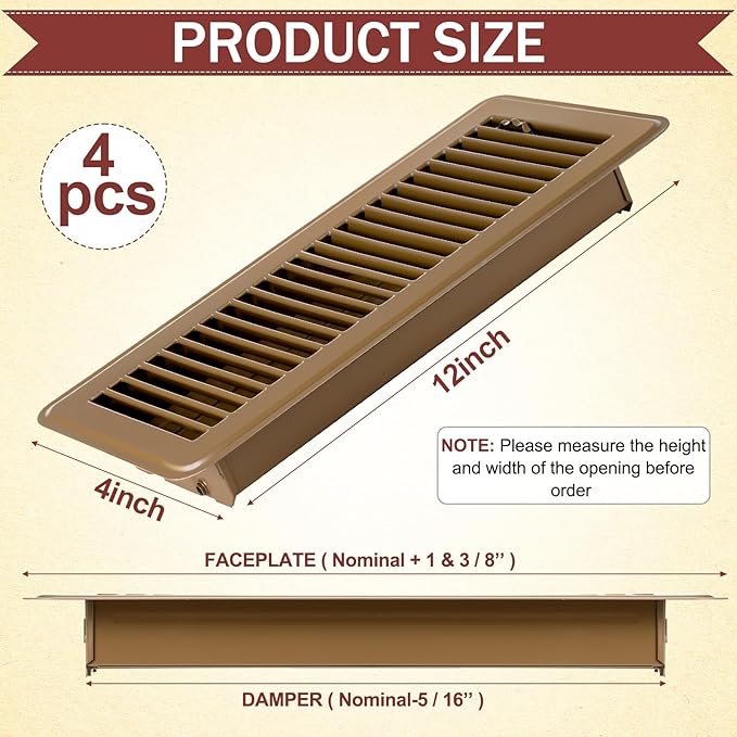 Retisee 4x12 Inches Floor Vent Covers Heavy Duty Floor Register Easy Installation Metal Heat Vent Covers with Rust Proof Finish for Home(Brown,6 Pcs)