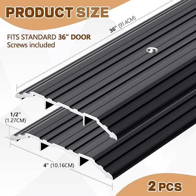 Tandefio 2 Pcs Door Saddle Threshold for Doorway Interior Sturdy Aluminum Commercial Fluted Saddle Door Threshold Durable and Sleek Doorway Entryway Access Draft Protection (4" X 1/2" X 36,Black)