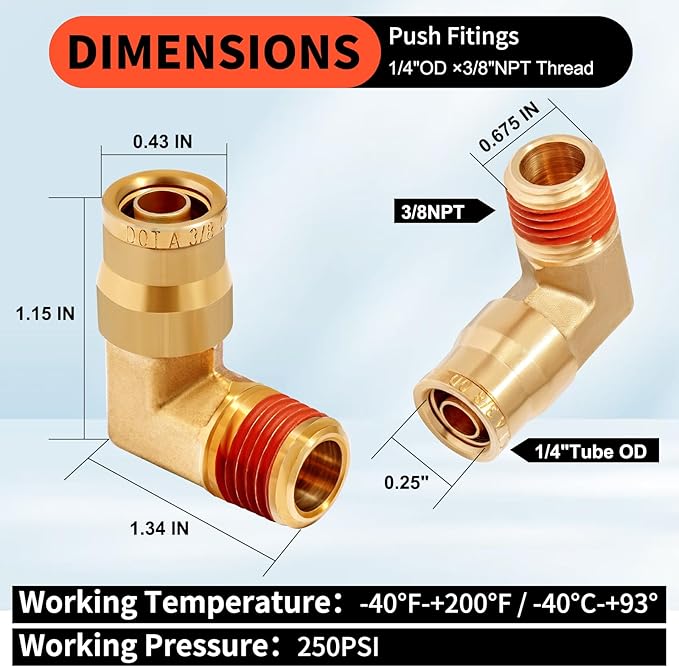1/4 Brass Push to Connect Fittings 1/4" OD x 3/8" NPT Thread Male Elbow DOT Approved Air Brake Quick Connect Fittings Air Line Suspension Kit for Truck Trailers and Air System 5Pcs