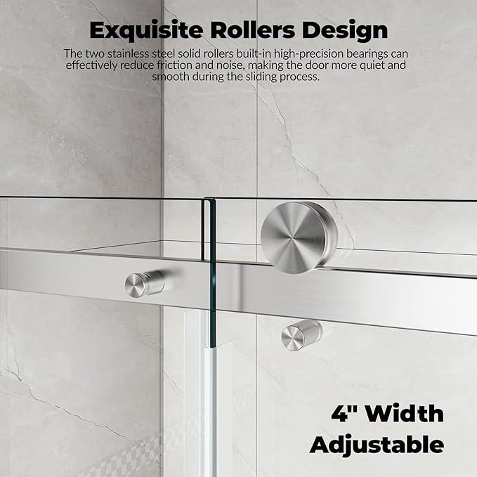 Frameless Sliding Shower Door Enclosure - 44 to 48 Inch Adjustable Width x 76 Inch Height, 6mm Coated Tempered Safety Glass with Easy Clean, Square Stainless Steel Rail, Brushed Finish
