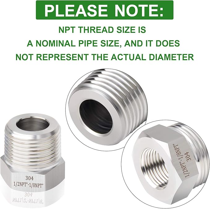 TAISHER 2PCS Forging of 304 Stainless Steel Reducer Hex Bushing, 1/2" Male NPT to 1/8" Female NPT, Reducing Forging Pipe Adapter Fitting
