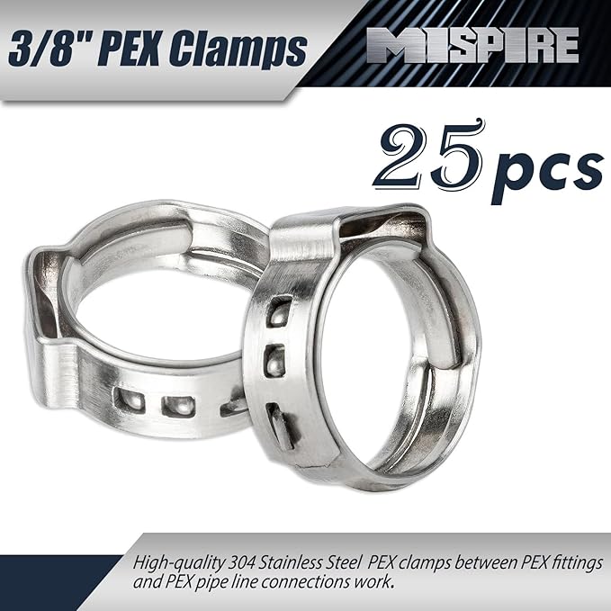 25 PCS 3/8 inch PEX Pipe Clamps, MISPIRE PEX Cinch Clamps Stainless Steel 304 Pinch Clamps for PEX Pipe Tubing Fitting Connections, Sliver