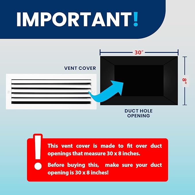 30x8 Inch (Duct Opening) Aluminum 1-Way Air Flow Vent – HVAC Vent Cover for Wall or Ceiling – Quiet HVAC Wall Register with Multi-Shutter Damper – Adjustable Curved Blade - Plastic Seal for Tight Fit