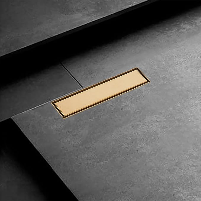12 inch Linear Shower Drain with Removable Square Hole Panel by Using Brushed 304 Stainless Steel Process, Linear Drain Equipped with Adjustable Feet and Hair Strainer(Brushed Gold Color)