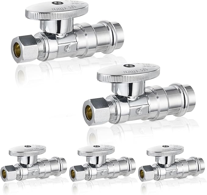5-Pack GUOFIS Straight Stop Valve,1/2" Nominal Press Inlet x 3/8" OD Compression Outlet,1/4-Turn Shut-off Valve for Potable Water(Chrome Plated)(VALVE397-5Pack)