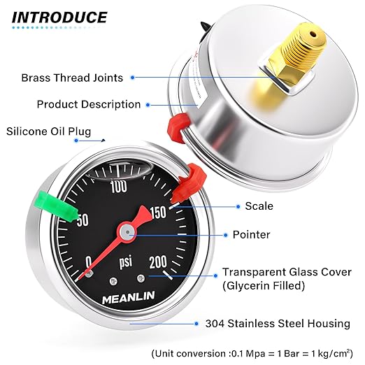 MEANLIN MEASURE 0~200Psi Black Stainless Steel Pressure Gauge, Glycerin Filled 1/8" NPT 1.5" FACE DIAL, Liquid Filled Pressure Gauge WOG Water Oil Air Back Mount (with 2PCS Snaps)